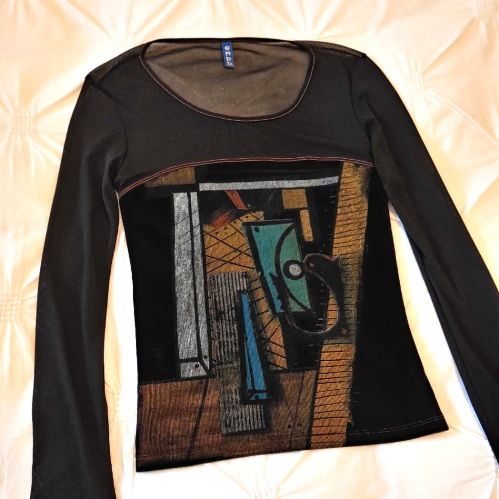 OHDD Save the Queen Y2k black mesh & velvet art print long sleeve shirt. Size 32